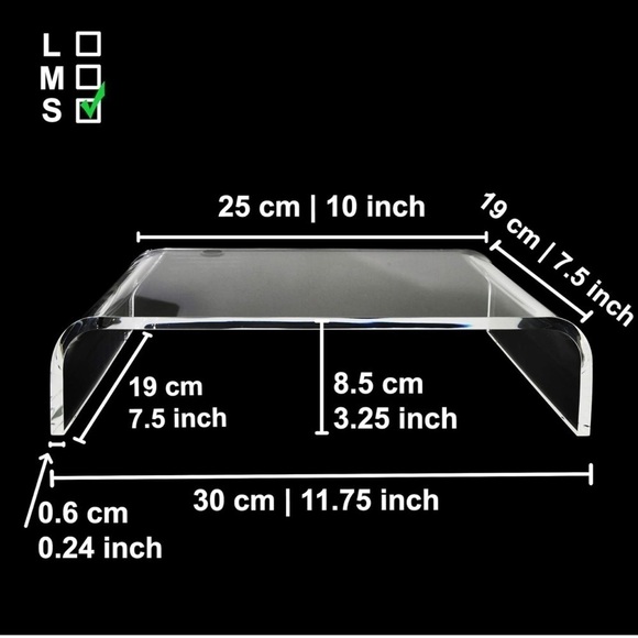 Premium Acrylic Monitor Stand Clear 11.75” × 7.5” × 3.25” - Picture 5 of 6